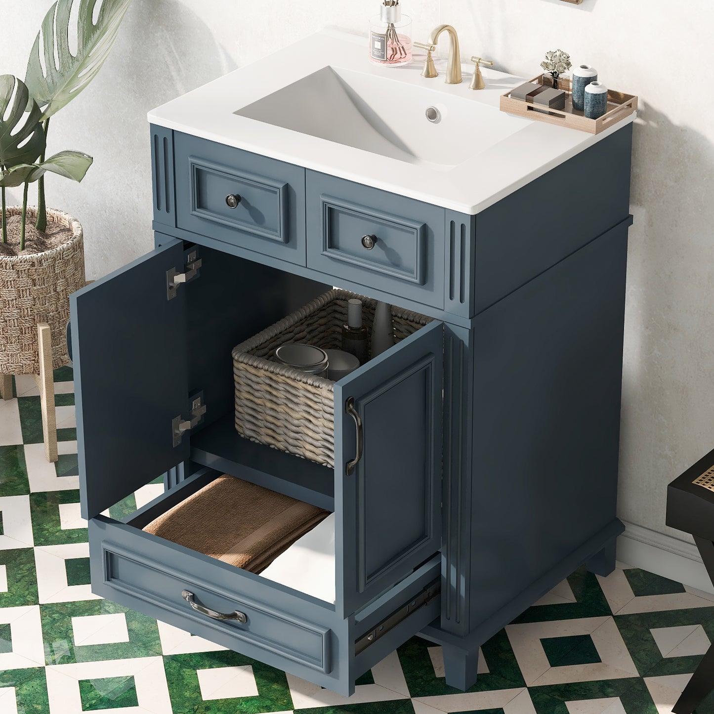 24'' Bathroom Vanity With Ceramic Sink,Solid Wood Frame Bathroom Storage Cabinet With Soft Closing Doors,Retro Style, Blue