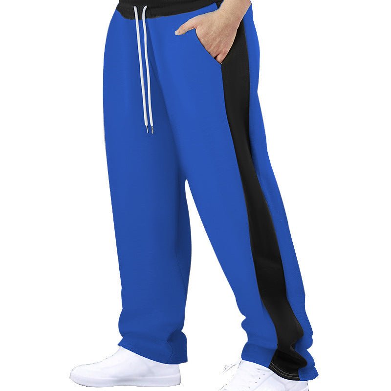 Stitching Contrast Color Loose Straight Drawstring Leisure Pants Men