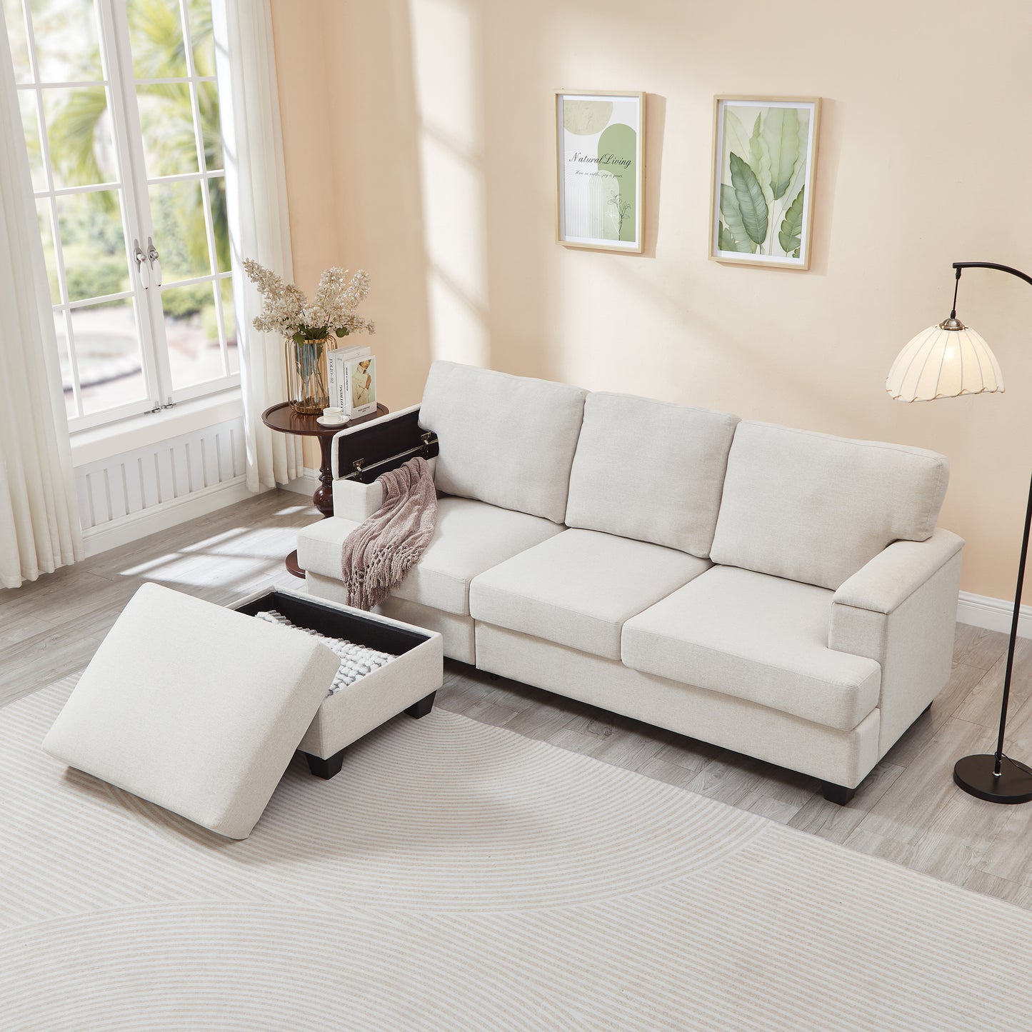 86'' L Shaped Couch With Armrest Organizer,3 Seats Sofas With Movable Ottoman,Comfy Sectional Sofa With Thick Cushion,Linen Sectional Couches For Living Room,Bedroom,Apartment,Beige