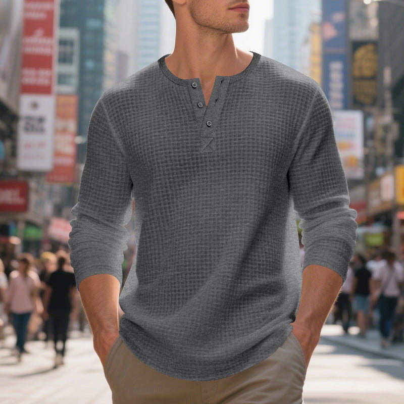 Men's Jacquard Small Plaid Button-Down Henry Long Sleeve