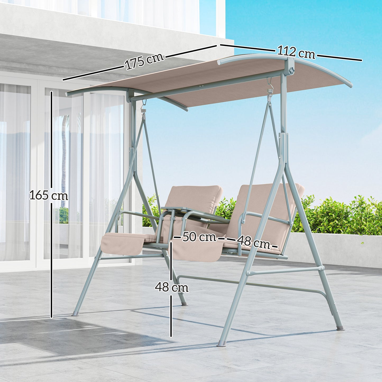 2 Seater Garden Swing Chair Patio Rocking Bench W/ Tilting Canopy, Double Padded Seats, Storage Bag And Tray, Beige