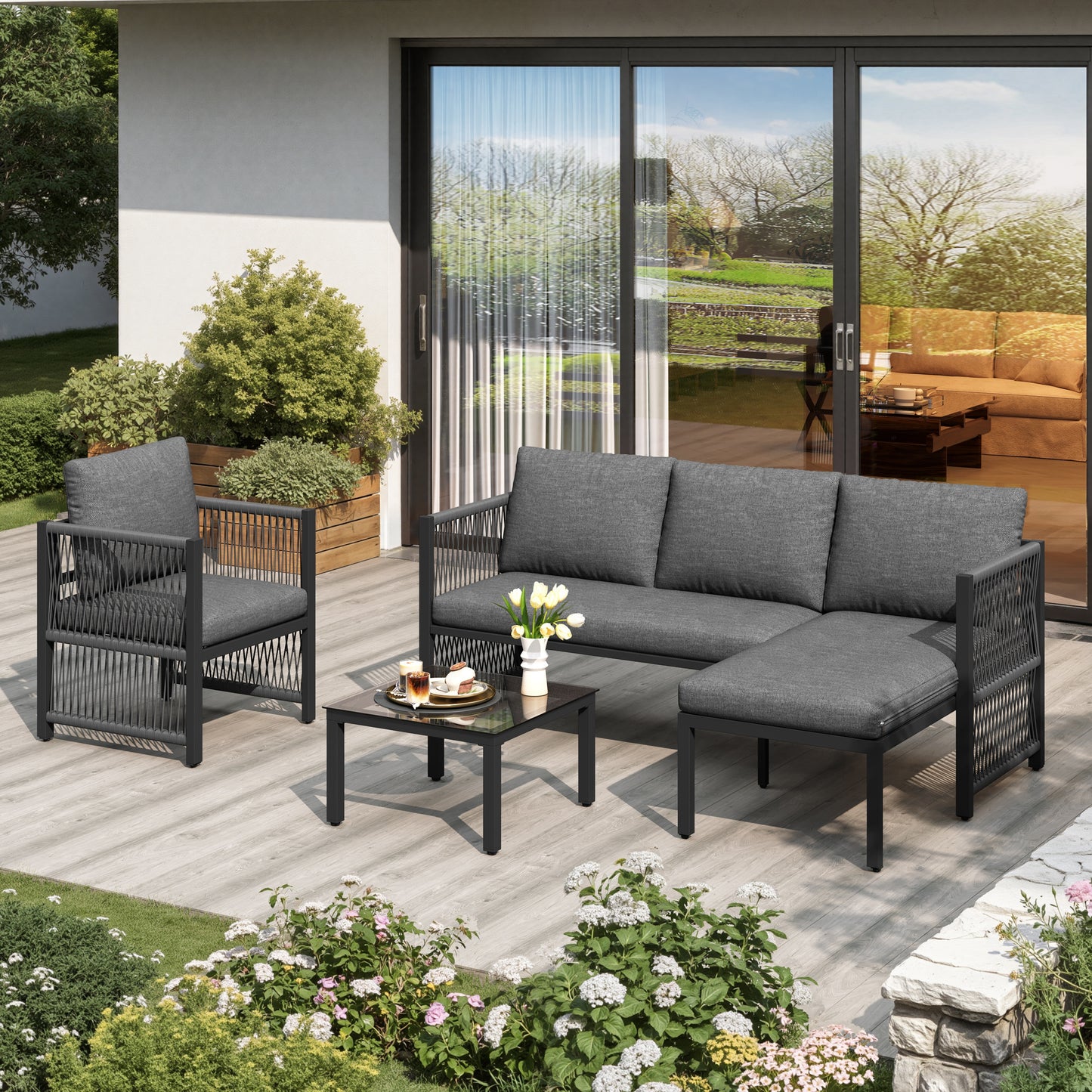 Garden Set With Tempered Glass Coffee Table, Convertible 4-5 Seater Polyester Rope Patio Set With Lounge Sofa And Armchairs, Weatherproof Outdoor Patio Corner Sofas For Balcony And Terrace, Grey