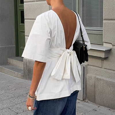 Summer Backless Short Sleeve T-shirt With Back-tied Design Fashion Bat Sleeve Top For Women Clothing