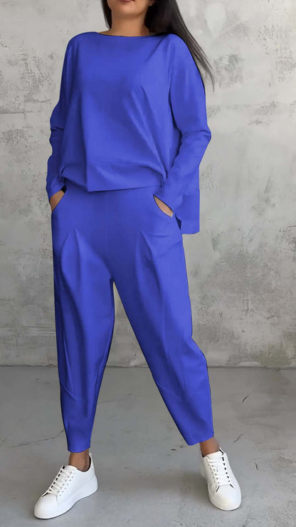 Women's Irregular Suit Long-sleeved Round Neck Top And Loose Harem Pants With Pockets Ins Fashion Trousers Set Women's Clothing