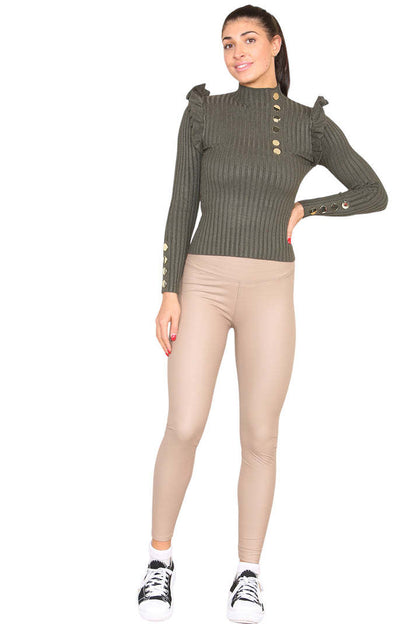 Ribbed Knit Gold Button Detail Jumper With Frill