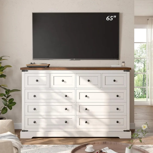 Dressser for Bedroom,Farmhouse Dressers and Chests of Drawers with Smooth Metal Rail,Large and Wide TV Stand Hallway