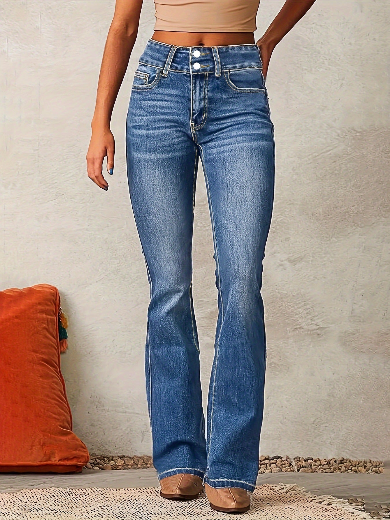 Skinny Flared Jeans With Pockets Fashion Button Zipper Trousers Women's Slim Denim Pants