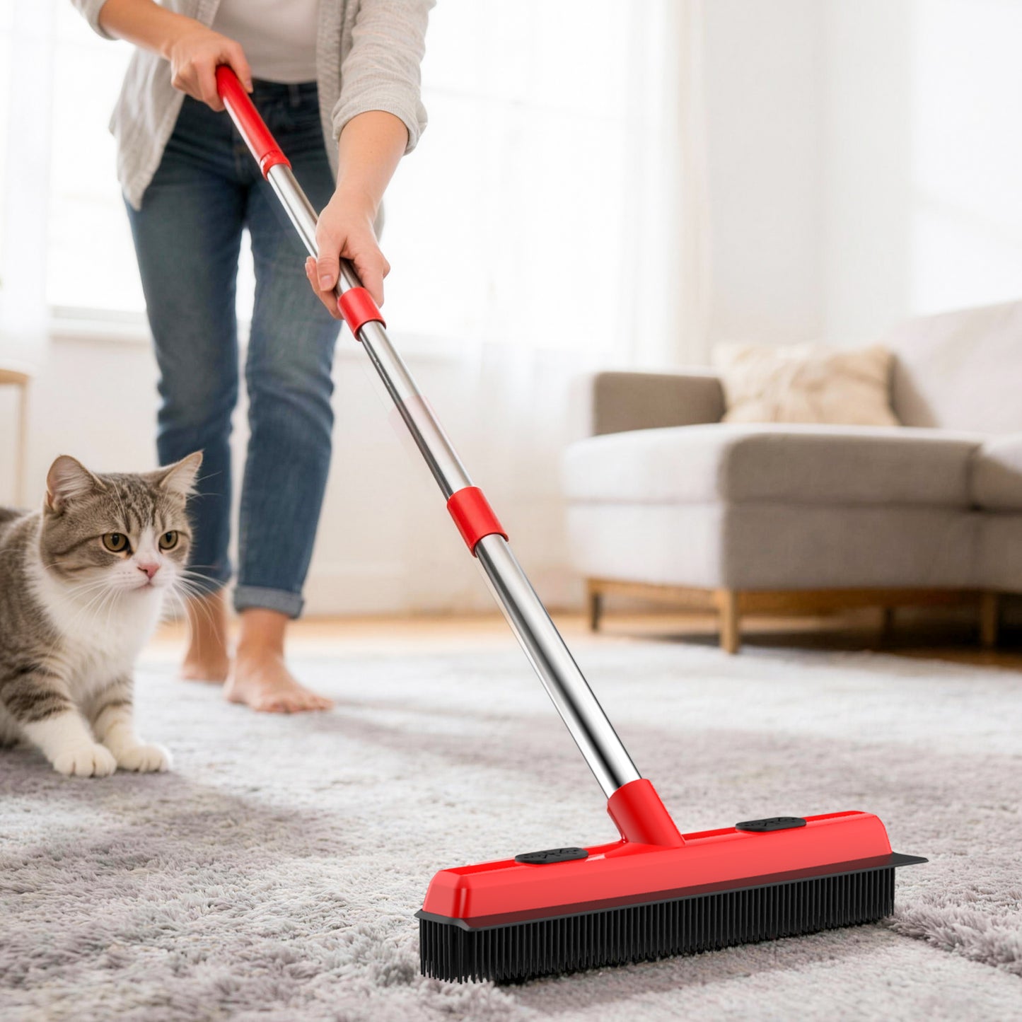 Pet Carpet Hair Removal Broom 2-in-1 Hair Remover & Squeegee For Carpets Easy To Use Versatile Cleaning Tool For Pet Owners - Shedding Grooming Kit