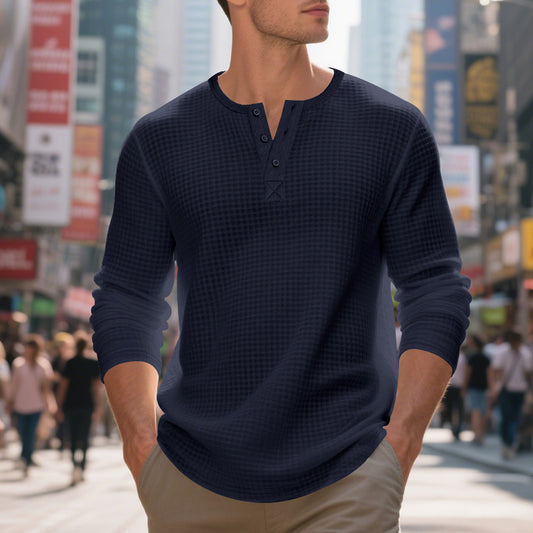 Men's Jacquard Small Plaid Button-Down Henry Long Sleeve
