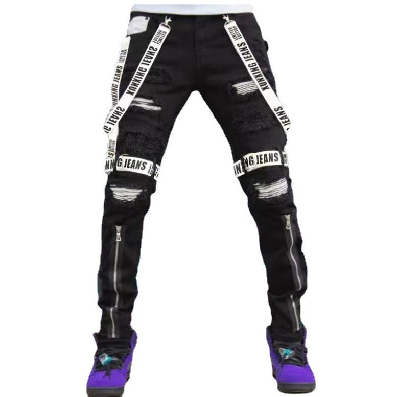 Ripped Slim-fit Mens Fashion Pants With A Zipper