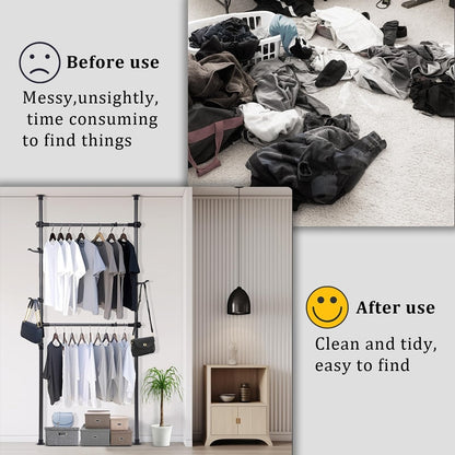 Floor To Ceiling Adjustble Garment Rack, Heavy Duty 2-Tier Clothes Rack
