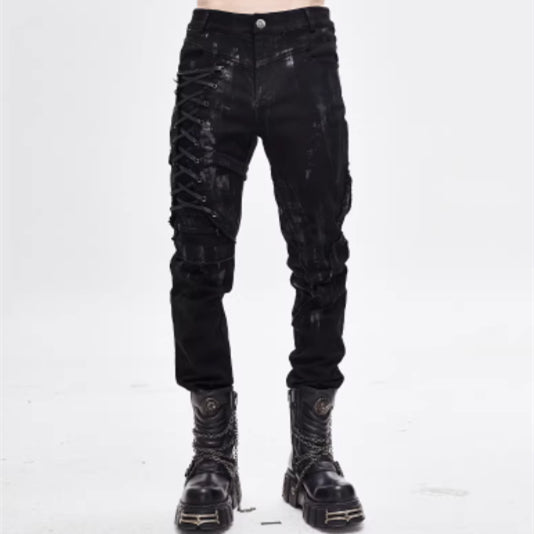 Punk Mecha Mens Trousers Slim-fit Casual Pants With A Washed Distressed Denim Look