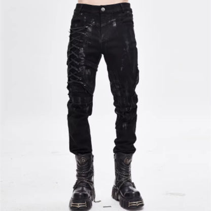 Punk Mecha Mens Trousers Slim-fit Casual Pants With A Washed Distressed Denim Look