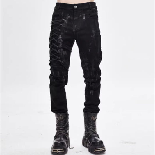 Punk Mecha Mens Trousers Slim-fit Casual Pants With A Washed Distressed Denim Look