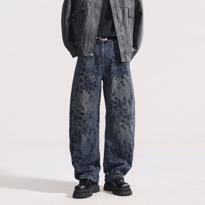 American-style Vintage Jacquard Flocking Embroidered Fleece-lined Jeans