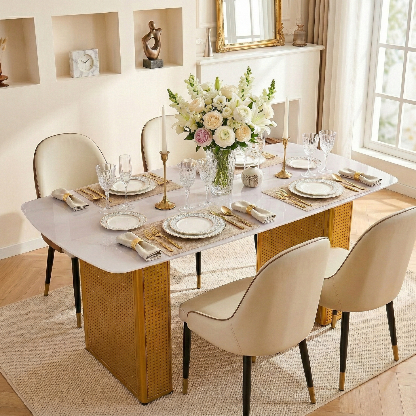 Modern Rectangular Tempered Glass Dining Table, Marble-Patterned Design With Gold Dual-Pedestal Metal Base, Ideal For Dining Room & Home Office