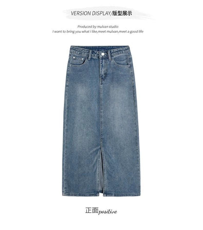 Retro Slit Denim Skirt For Women Summer Thin High Waist Medium Long A-line Hip Wrap One-step Skirt