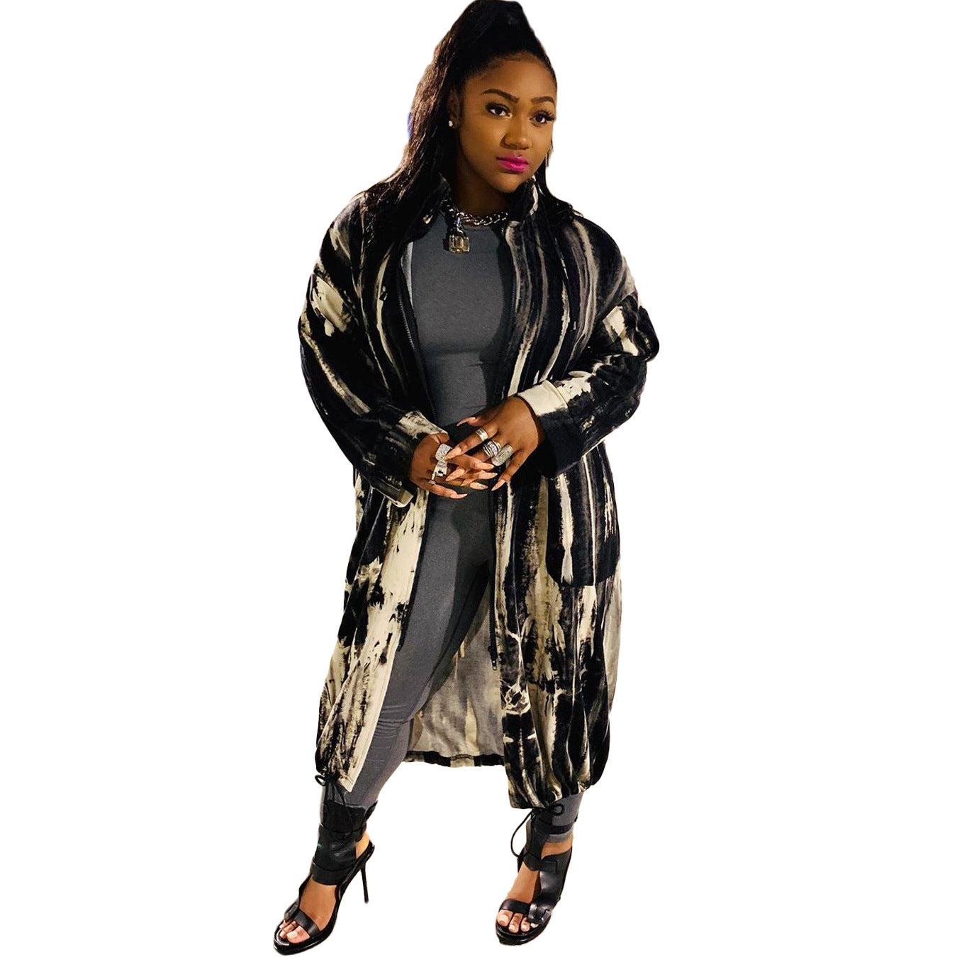 Women's Long Casual Printed Zipper Trench Coat