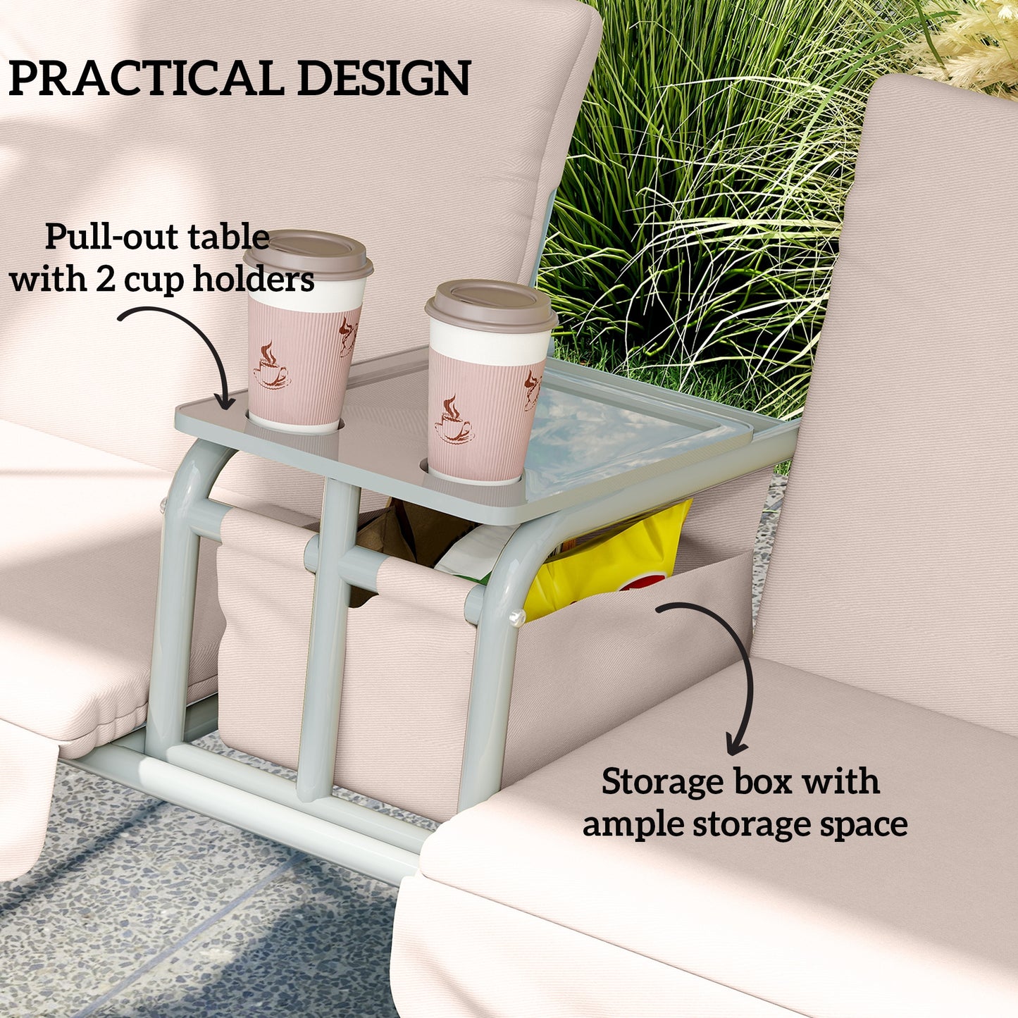 2 Seater Garden Swing Chair Patio Rocking Bench W/ Tilting Canopy, Double Padded Seats, Storage Bag And Tray, Beige