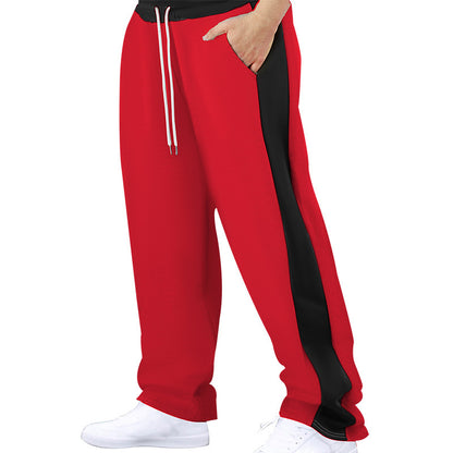 Stitching Contrast Color Loose Straight Drawstring Leisure Pants Men