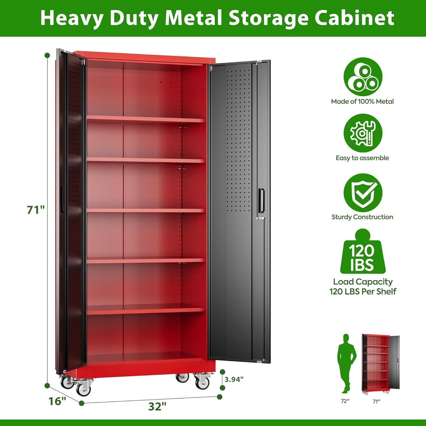 Garage Storage Cabinet With Pegboard And 5 Adjustable Shelves, Metal Lockable Cabinet With Magnetic Doors,Tool Storage,Home Office Garage,Gym,School Black-red
