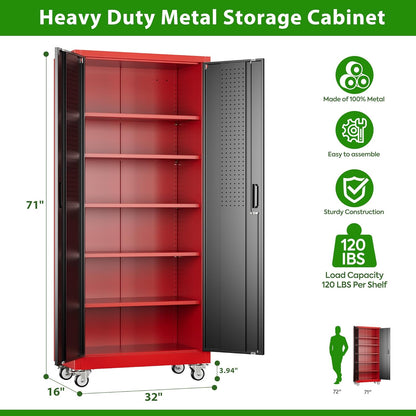 Garage Storage Cabinet With Pegboard And 5 Adjustable Shelves, Metal Lockable Cabinet With Magnetic Doors,Tool Storage,Home Office Garage,Gym,School Black-red