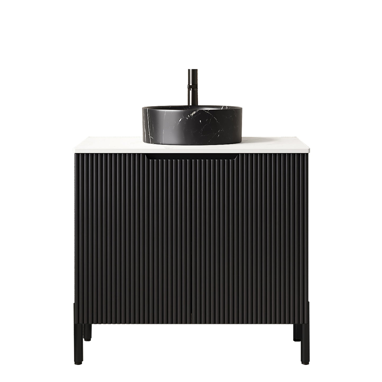 TURIO 24 Bathroom Vanity With Sink, Freestanding Bathroom Storage Cabinet With 2 Doors, Black Round Ceramic Basin With Stone Pattern & Carrara White Sintered Stone Countertop, No Faucet, Black Color