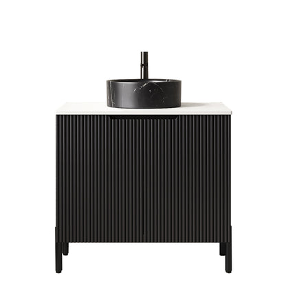 TURIO 24 Bathroom Vanity With Sink, Freestanding Bathroom Storage Cabinet With 2 Doors, Black Round Ceramic Basin With Stone Pattern & Carrara White Sintered Stone Countertop, No Faucet, Black Color