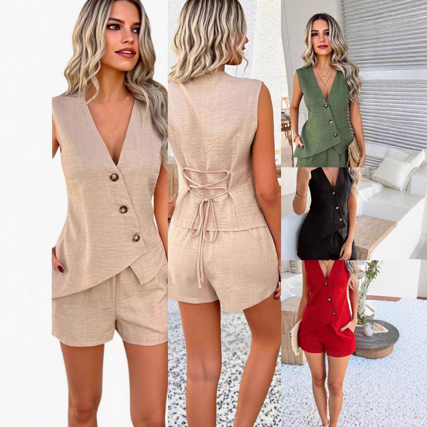 Fashionable Casual V-Neck Asymmetrical Tank Top And Shorts Set