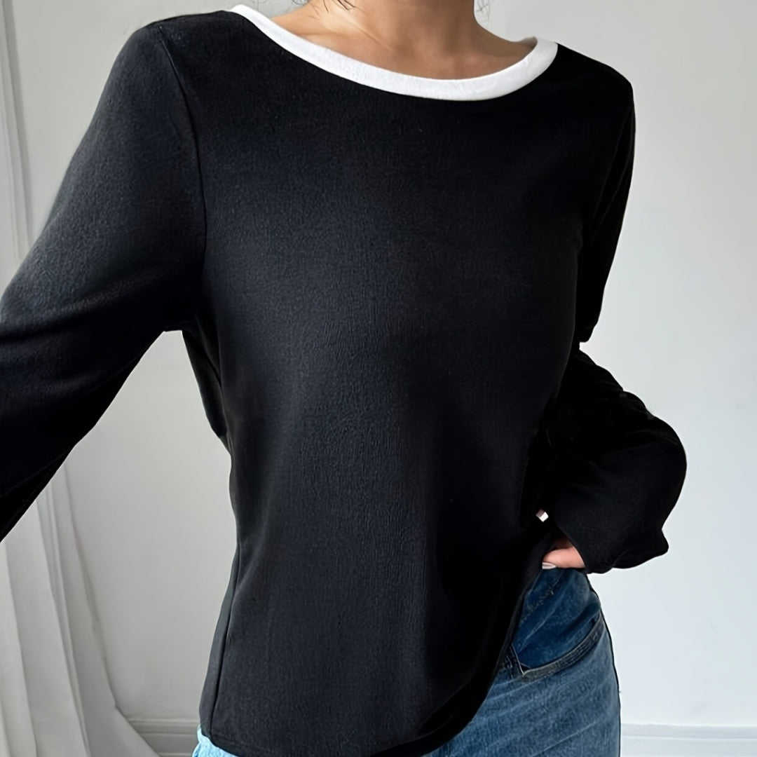Women's Trendy Round Neck Two-Piece Illusionknit T-Shirt Full Sleeve Base Layer Top Crew Neck Design