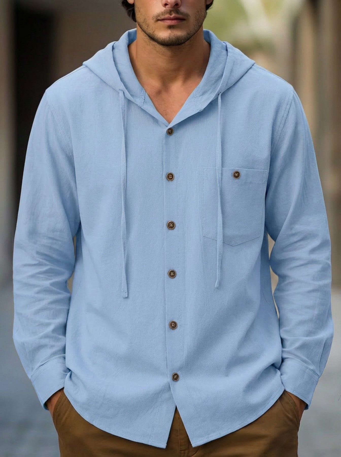 Men's Cotton-Linen Hooded-Pocket Casual Beach Long-Sleeve Shirt
