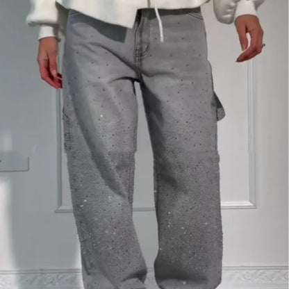 Ins Shiny Straight Jeans With Pockets Fashion Loose Wide-leg Pants For Women Street-style Trousers