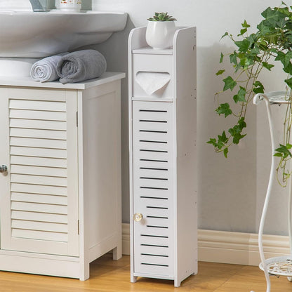 Wooden White Free Standing Toilet Paper Roll Holder Bathroom Storage Cabinet UK