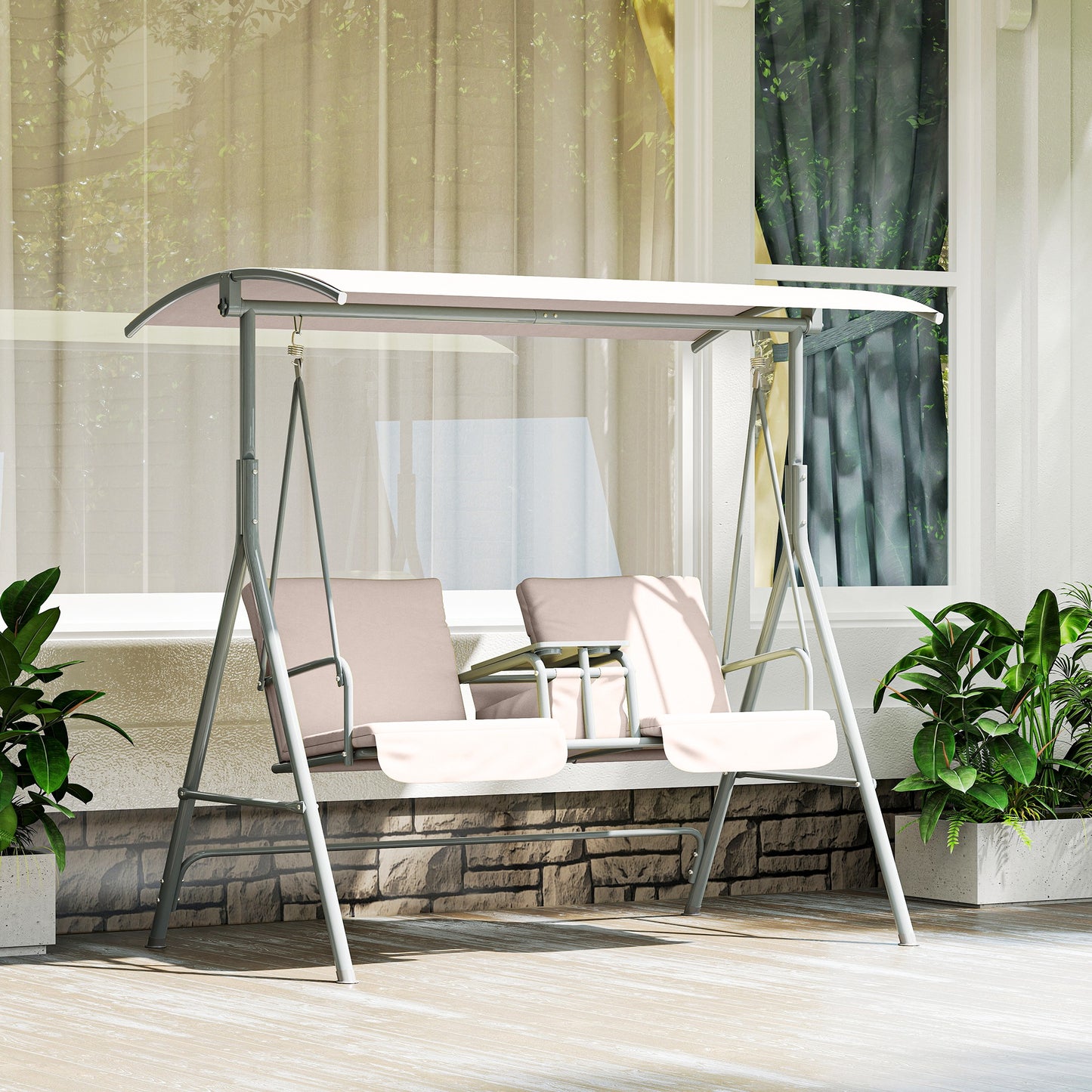 2 Seater Garden Swing Chair Patio Rocking Bench W/ Tilting Canopy, Double Padded Seats, Storage Bag And Tray, Beige