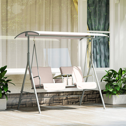 2 Seater Garden Swing Chair Patio Rocking Bench W/ Tilting Canopy, Double Padded Seats, Storage Bag And Tray, Beige
