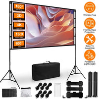 100inch/120inch Options Projector Screen With Stand 16:9 4K HD Rear Front Wrinkle-Free Portable And Foldable Movie Screen With Carry Bag For Indoor Outdoor Home Theater Backyard Cinema