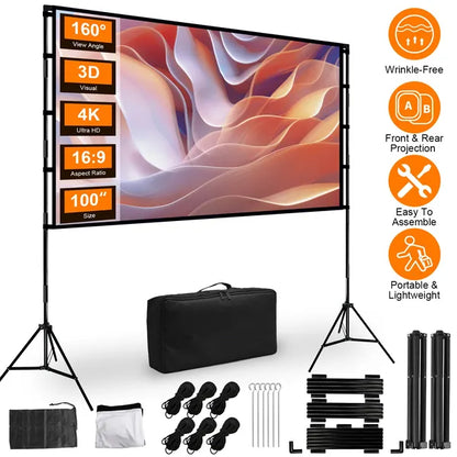 100inch/120inch Options Projector Screen With Stand 16:9 4K HD Rear Front Wrinkle-Free Portable And Foldable Movie Screen With Carry Bag For Indoor Outdoor Home Theater Backyard Cinema