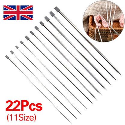 22pcs-11Pairs 25cm Single Pointed Stainless Steel Knitting Needles Set 2mm-8mm