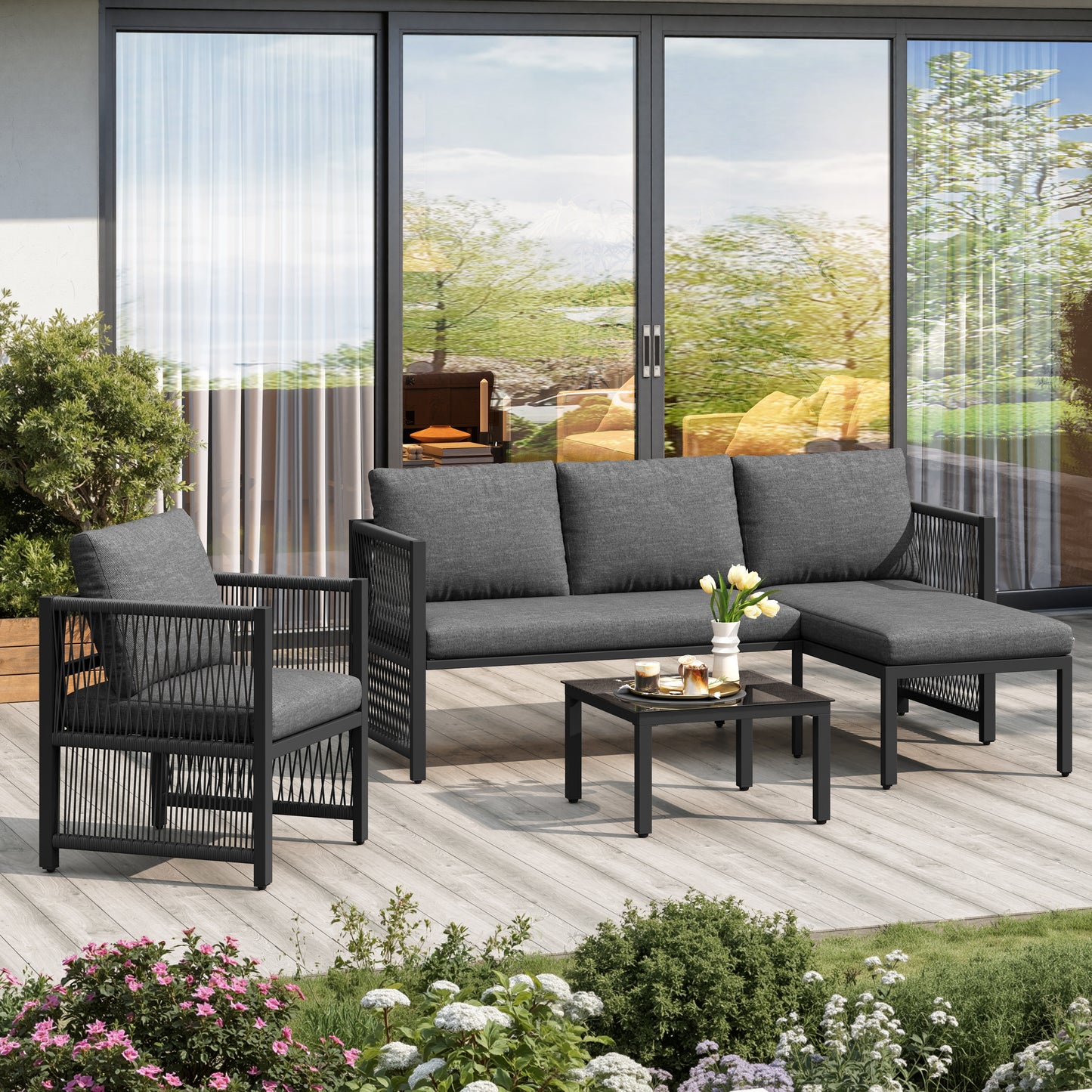 Garden Set With Tempered Glass Coffee Table, Convertible 4-5 Seater Polyester Rope Patio Set With Lounge Sofa And Armchairs, Weatherproof Outdoor Patio Corner Sofas For Balcony And Terrace, Grey