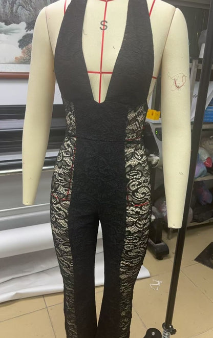 New Temperament Halter Black V-neck One-piece Trousers For Women