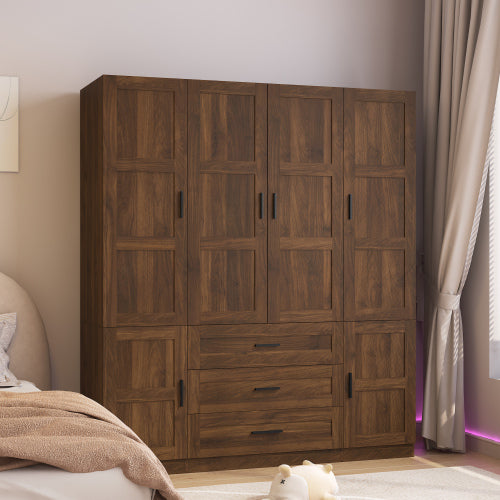 Tall Bedroom Armoire, 6 Door Armoire Wardrobe Closet With Big 3 Drawers, Wooden Freestanding Bathroom Armoire Cabinet With Shelves And Hanging Rod, Clothes Storage Organizer For Bedroom, Guest Room