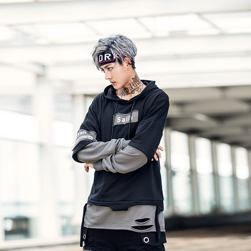 Men's loose fake two long-sleeved hoodies hole cut through hip-hop tide brand men's hurricane print hooded sweater