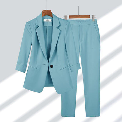 2pcs Casual Blazer Set Solid Color Lapel Single-breasted Jacket And Zipper Straight Pants Women's Office Business Suit