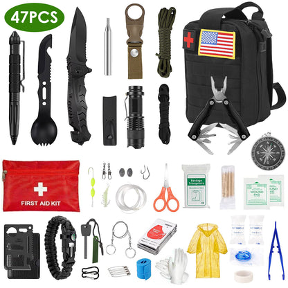 47Pcs Emergency Survival Kit Survival EDC Gear Equipment Tool First Aid Supplies Kit Tools With Pouch For Hiking Hunting Disaster Camping Adventure