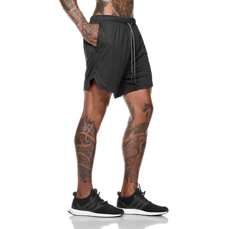 Mens Sports Running Shorts Gym Training Fitness Bottoms Double Layer With Pocket