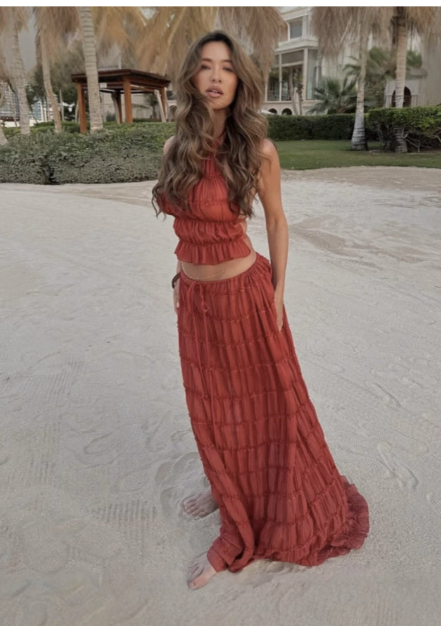 2pcs Women's Dress Suit Sexy Sleeveless Backless Cropped Halter Top And Pleated Long Skirt Beach Clothing