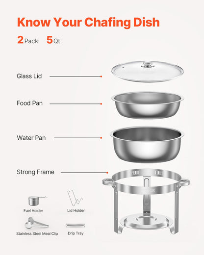 5 Qt 2 Pack Round Chafing Dish Buffet Set Full-Size Pan Stainless Steel Silver