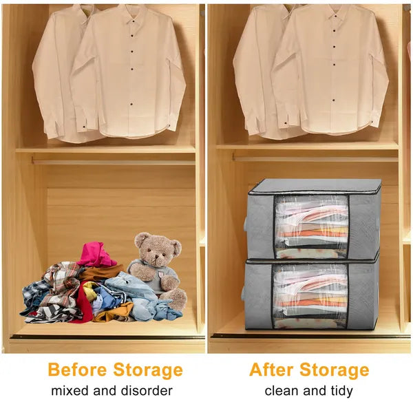 2Pcs Clothes Storage Bag 90L Large Capacity Foldable Closet Organizer W/ Thick Fabric Clear Window Dual-Zipper