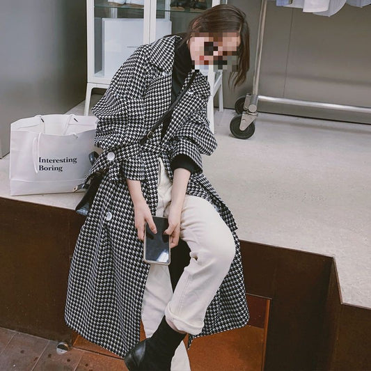 Black And White Houndstooth Trench Coat Women's Long Below The Knee Waist-controlled Lace-up Overcoat