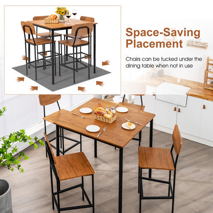 5 Pieces Industrial Dining Table Set With Counter Height Table And 4 Bar Stools